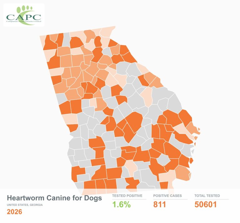 CAPC Heartworm Prevalence Map 2026 A map of Georgia showing heartworm prevalence rates in dogs by county. Positive rate is 1.6% statewide, but local counties are more affected
